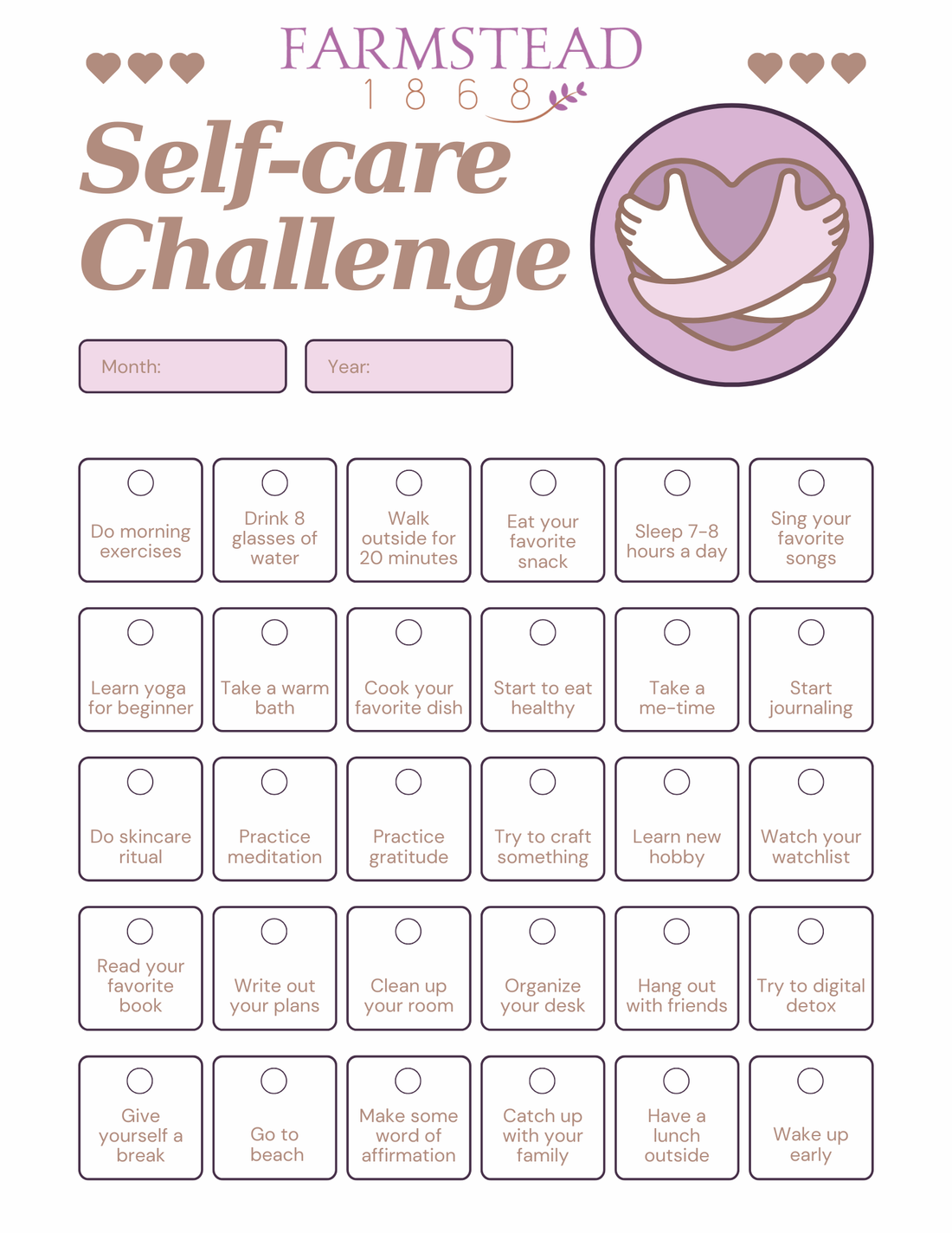 A printable self-care tracker featuring a calming lavender design with sections to track daily habits like hydration, mindfulness, exercise, and relaxation activities. Encourages wellness and self-reflection with a soothing color palette.
